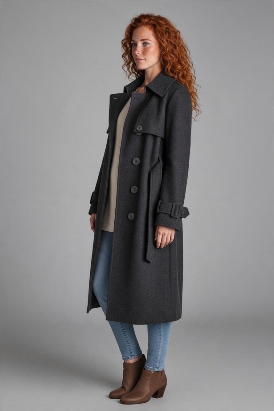 New York & Company Womens XL Charcoal Gray Belted Long Coat Wide Collar Lined
